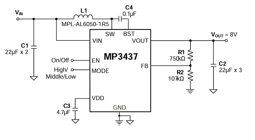 Application Circuit Diagram - Monolithic Power Systems (MPS) MP3437 Synchronous Boost Converters